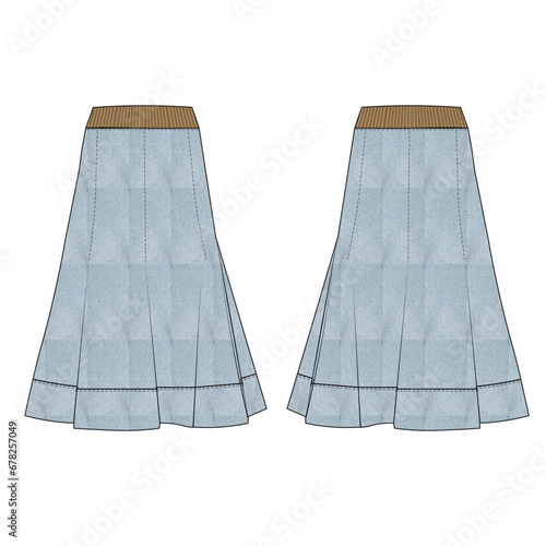 elastic ribbed belt waistband midi long a line flared skirt technical drawing flat sketch template fashion woman denim jean