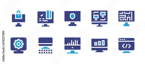 Computer screen icon set. Duotone color. Vector illustration. Containing credit card, screen, computer, computer screen, cogwheel, bar graph, programming.