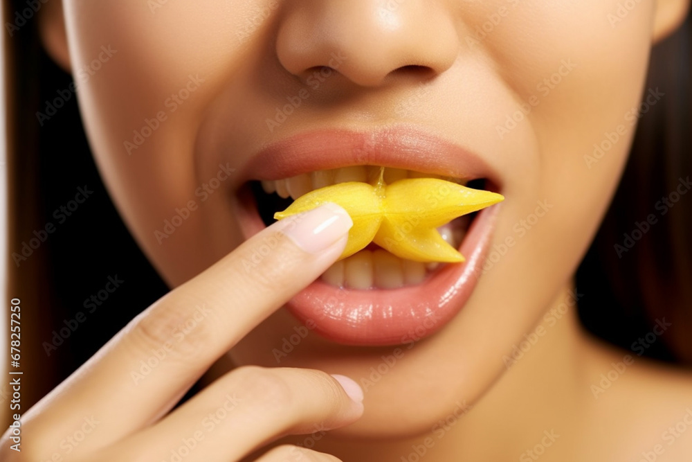 A Woman's Mouth Savoring the Unique Flavor of a Star Fruit Delicacy AI generated A Woman's Mouth Savoring the Unique Flavor of a Star Fruit Delicacy AI generated