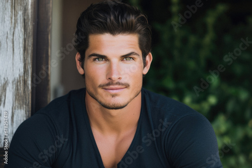 Portrait of handsome young man in black t-shirt against wooden door.