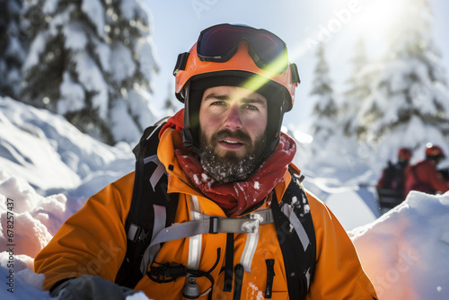 Rescuer navigating treacherous snowy trail with emergency sled in Alpine region 