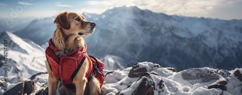 Rescue dog sniffing in snow for avalanche victims background with empty space for text 