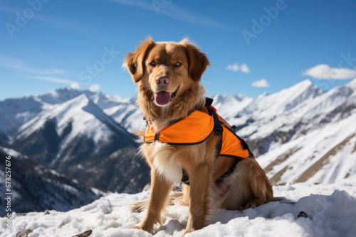 Determined rescue dog trained in locating missing persons in snowy Alpine 
