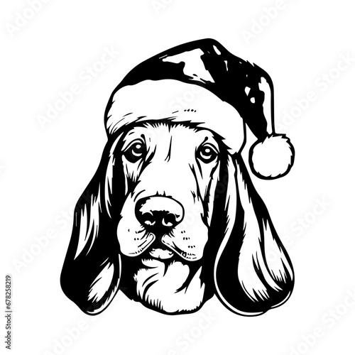 Cute basset hound Dog wearing Santa hat head, Christmas illustration, Generative AI.