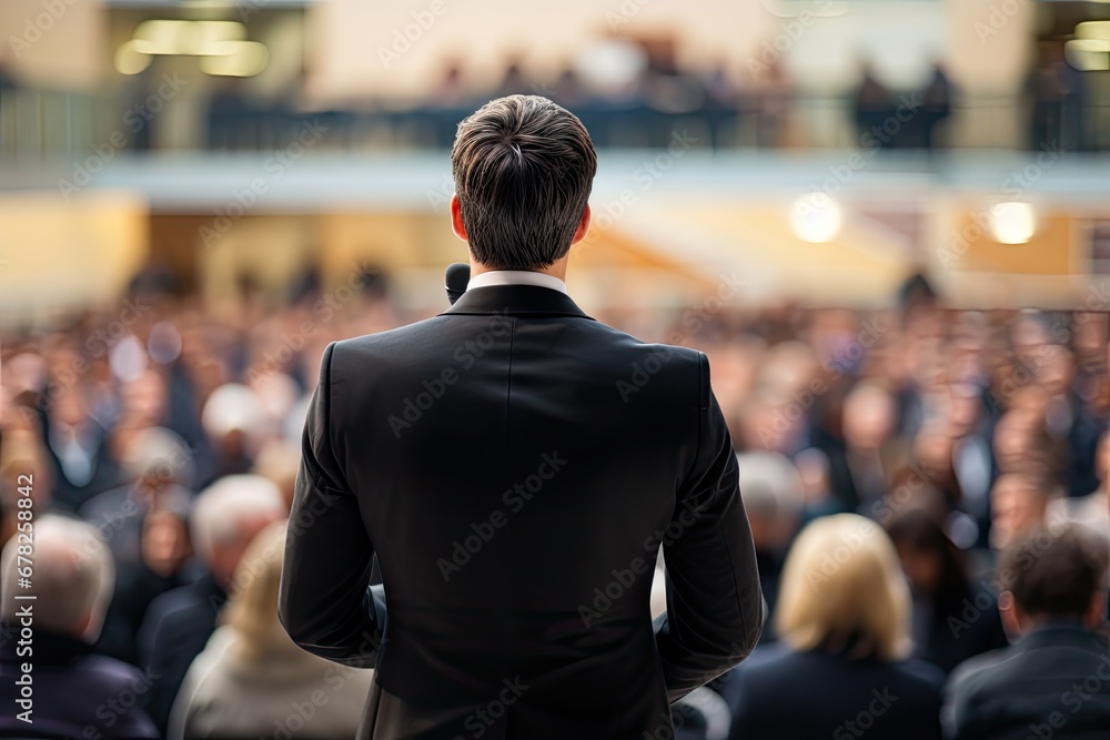 Back view of the presenting business man front of people.by Generative AI. Back view of the presenting business man front of people.by Generative AI.