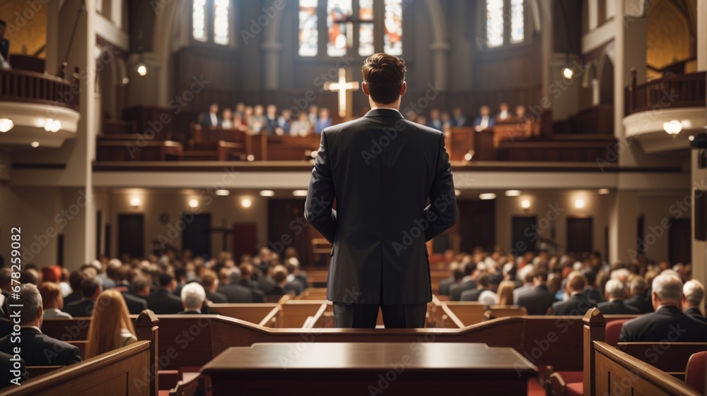 A man in a suit is preaching on top of a pulpit