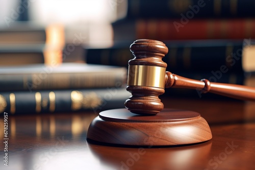 A wooden judges gavel on table in a law enforcement office, legal services, advice, justice and law concept 