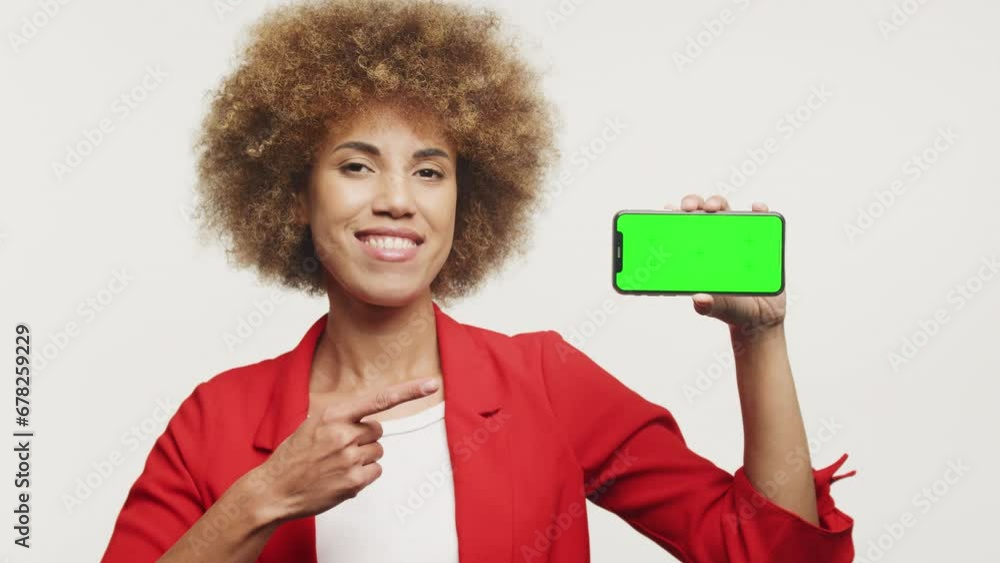Woman Pointing At Horizontal Green Screen Smartphone White Woman Pointing At Horizontal Green Screen Smartphone White