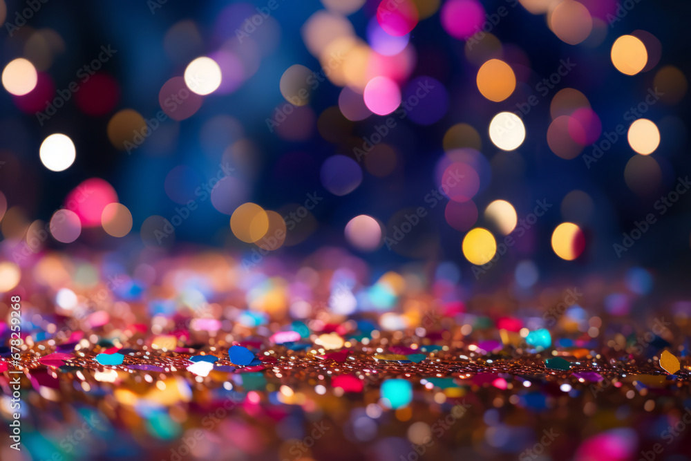 Confetti in front of colorful background with bokeh for carnival. Generative AI