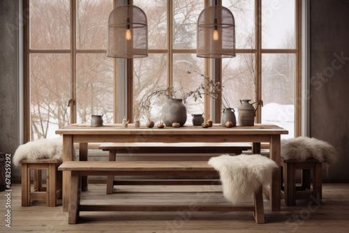 Minimalist dining area with wooden furniture and simple tableware. Winter cozy interior. Generative AI