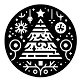 Black and White Christmas Tree Illustration in a Circle
