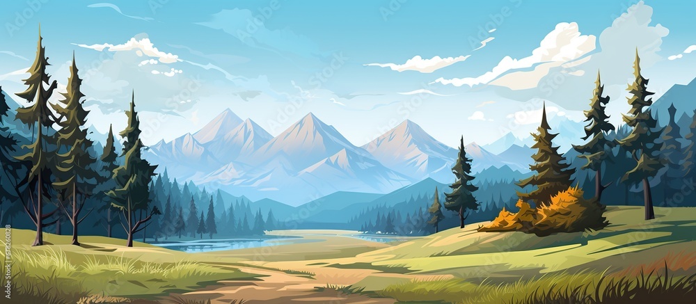 Mountain drawing with pines forest with blue sky landscape
