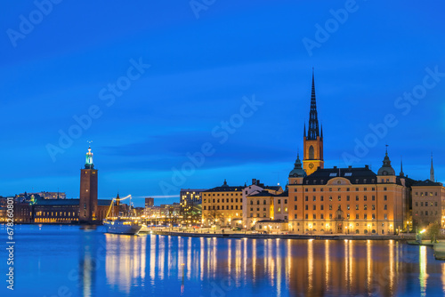 Stockholm Sweden  night city skyline at Stockholm City Hall and Gamla Stan