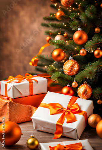 Wallpaper Mural wrapped orange christmas gift parcels under a tree decorated with matching baubles Torontodigital.ca