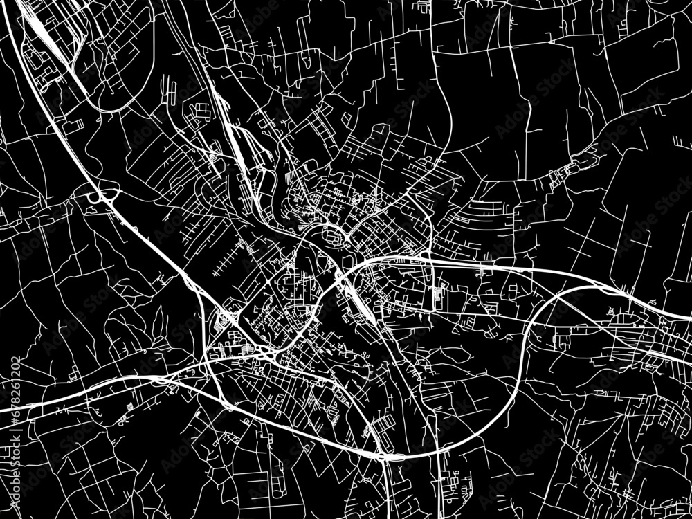 Vector road map of the city of Frydek-Mistek in the Czech Republic with white roads on a black background.