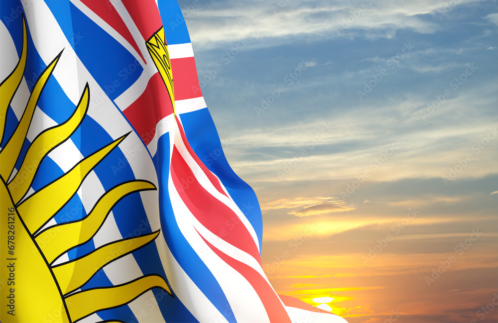 British Columbia flag against the sunset. Province of Canada - obrazy, fototapety, plakaty 