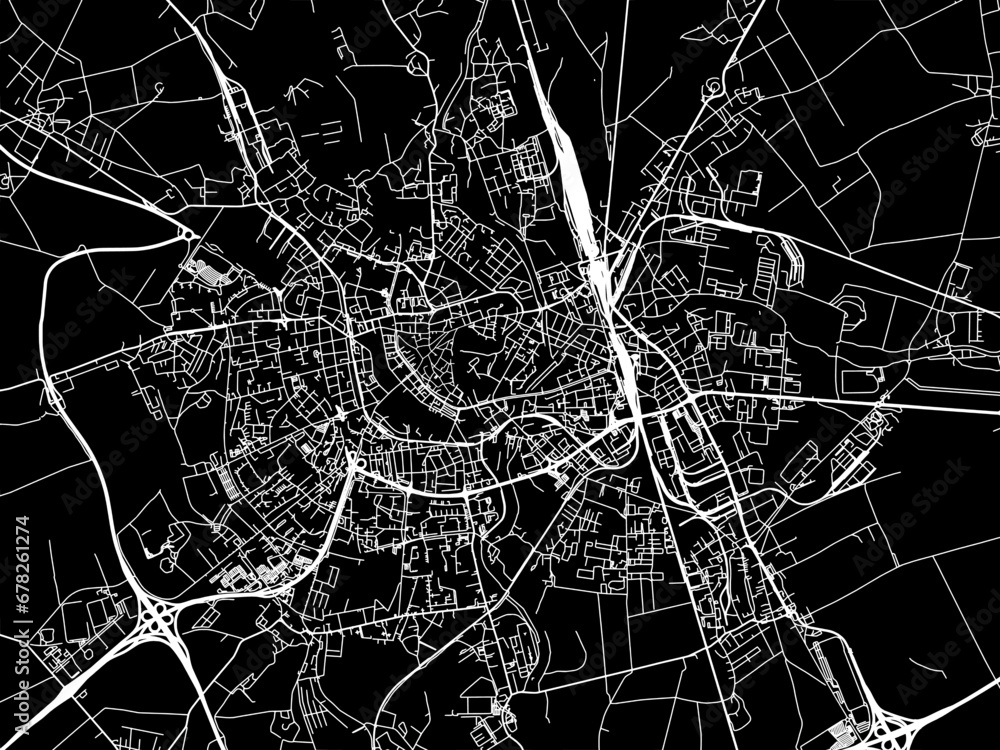 Vector road map of the city of Olomouc in the Czech Republic with white roads on a black background.