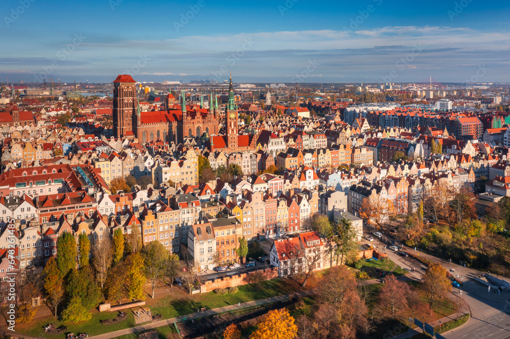 Aerial view of Main town in Gdansk by the Motlawa river in Gdansk, Poland