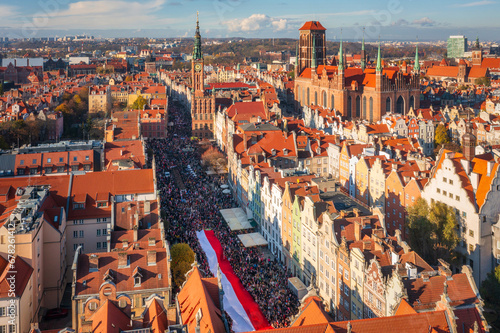 Aerial view of Main town in Gdansk during independence day celebrations in Poland at November 11.
