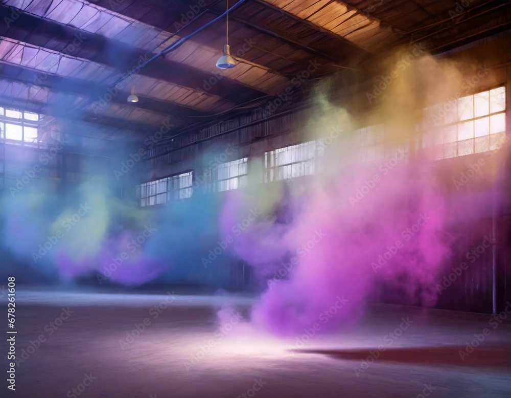 inside empty warehouse, clouds of bright colorful blue purple pink yellow smoke float in air