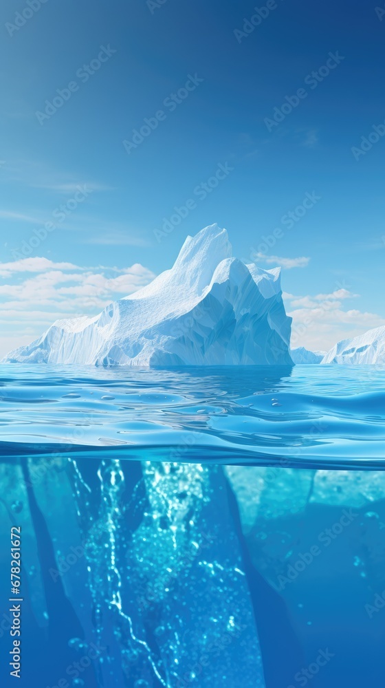 Iceberg captured with an underwater perspective, showcasing both the above-water and below-water portions, providing a stunning view of the majestic frozen structure in its entirety.