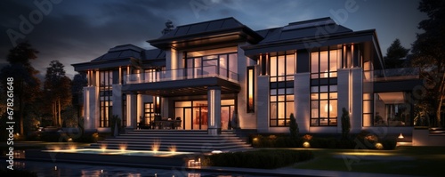 A luxurious, well-designed residence with warm, inviting interior lighting, showcasing its unique architectural features and creating a captivating glow in the darkness of the night. © ZUBI CREATIONS