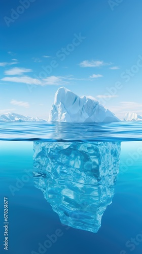 Iceberg captured with an underwater perspective, showcasing both the above-water and below-water portions, providing a stunning view of the majestic frozen structure in its entirety.