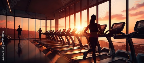 Silhouette strong athletic woman sprinter use treadmill in fitness center at sunset photo