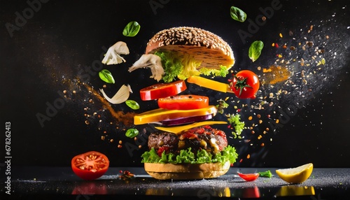 product shot of a burger, floating ingredients; food photography style in movement with polarizing filter and dark background for graphics on products media social networks copy space photo