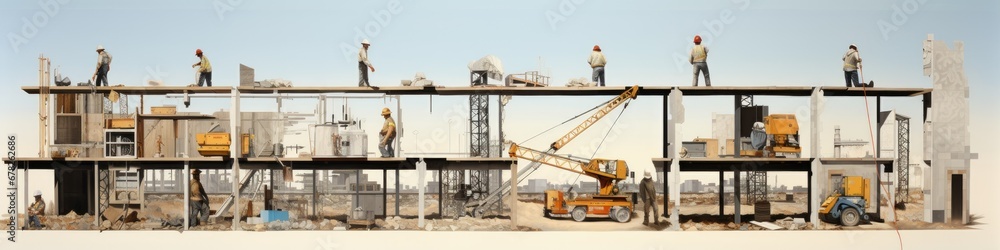 Panoramic image of a construction industrial site, featuring working machines, industrial equipment, and laborers, captured from a distance, showcasing the dynamic and busy scene of the construction z