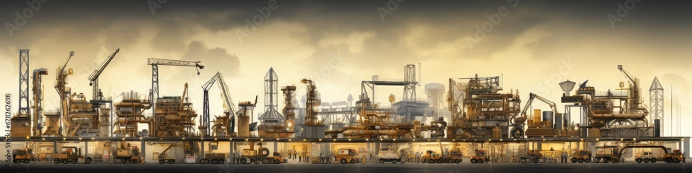 Panoramic image of a construction industrial site, featuring working machines, industrial equipment, and laborers, captured from a distance, showcasing the dynamic and busy scene of the construction z