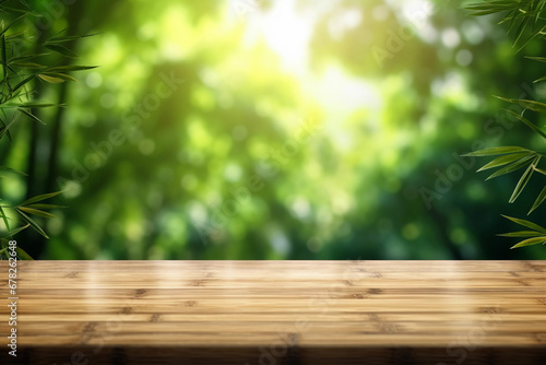 Wooden board empty table blurred background. Perspective brown wood table over blur trees forest background - can be used mock up for display or montage your products. spring season