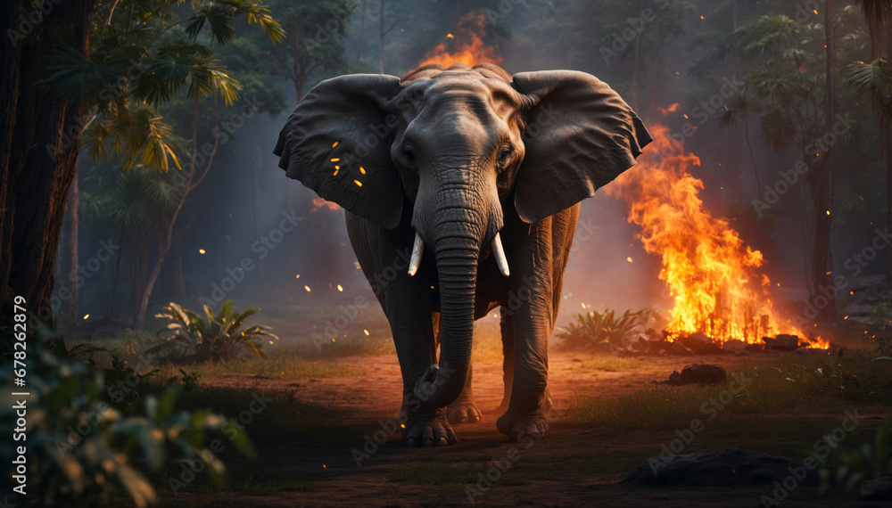 Fototapeta premium An elephant runs away from a fire in the jungle.