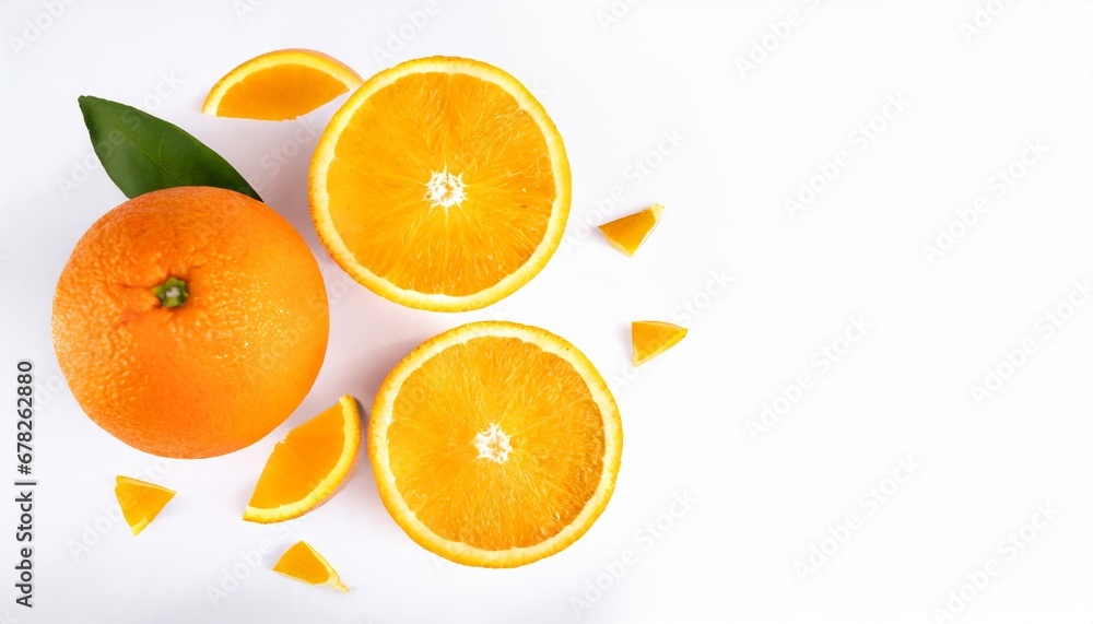 top down product mock up of an orange with slices against a pure white background with an extreme minimalism and empty space. top down product mock up of an orange with slices against a pure white background with an extreme minimalism and empty space.