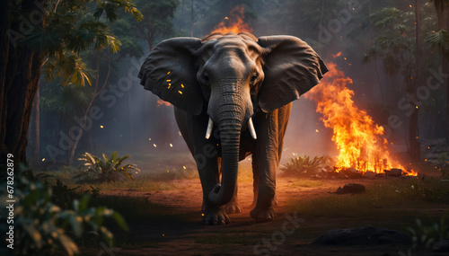 An elephant runs away from a fire in the jungle.