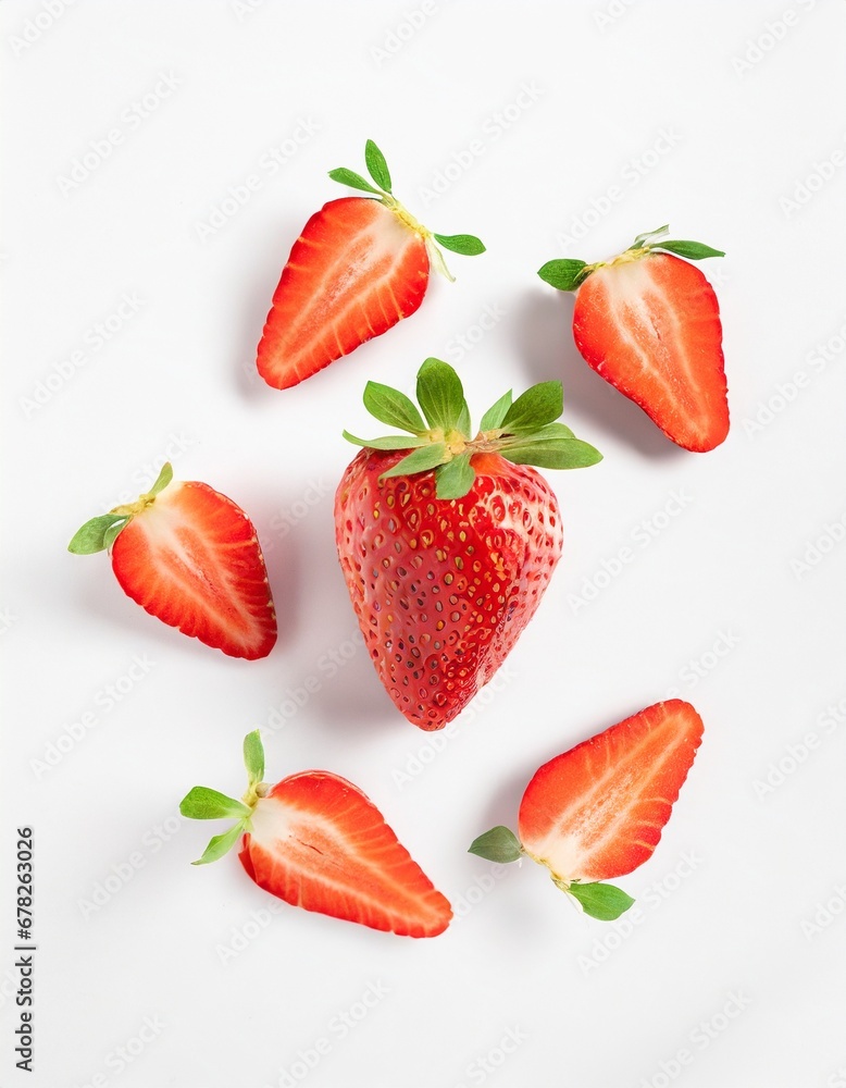 top down product mock up of a strawberry with slices against a pure white background with an extreme minimalism and empty space. top down product mock up of a strawberry with slices against a pure white background with an extreme minimalism and empty space.