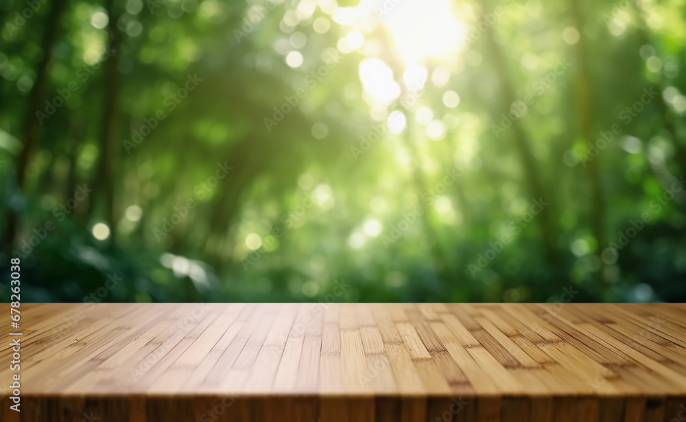 Wooden board empty table in front of blurred background. Perspective brown wood over blur trees in forest - can be used for display or montage or mock up your products. your products.