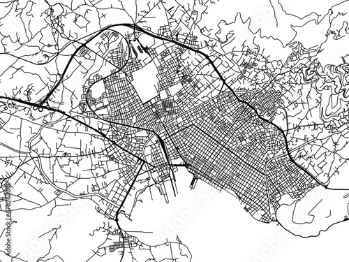 Vector road map of the city of Volos in Greece with black roads on a white background.