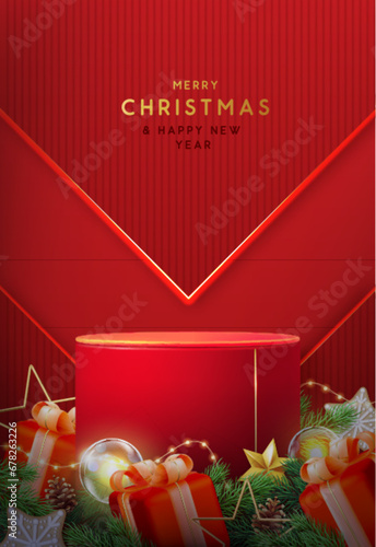 Holiday Christmas showcase red background with 3d podium and Christmas decoration. Abstract minimal scene. Vector illustration