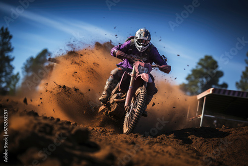 Motocross rider on a dirt bike racing with mud flying against a clear blue sky.