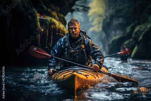 Man kayaking down a river surrounded by dark, lush forest with focus on strength and adventure in the wilderness.
