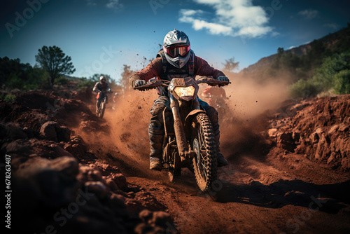 Motocross rider racing through a muddy and dusty track in an extreme sports event, demonstrating speed and agility.