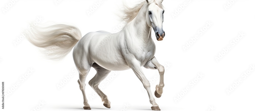 Beautiful White horse running forward on white background AI generated image
