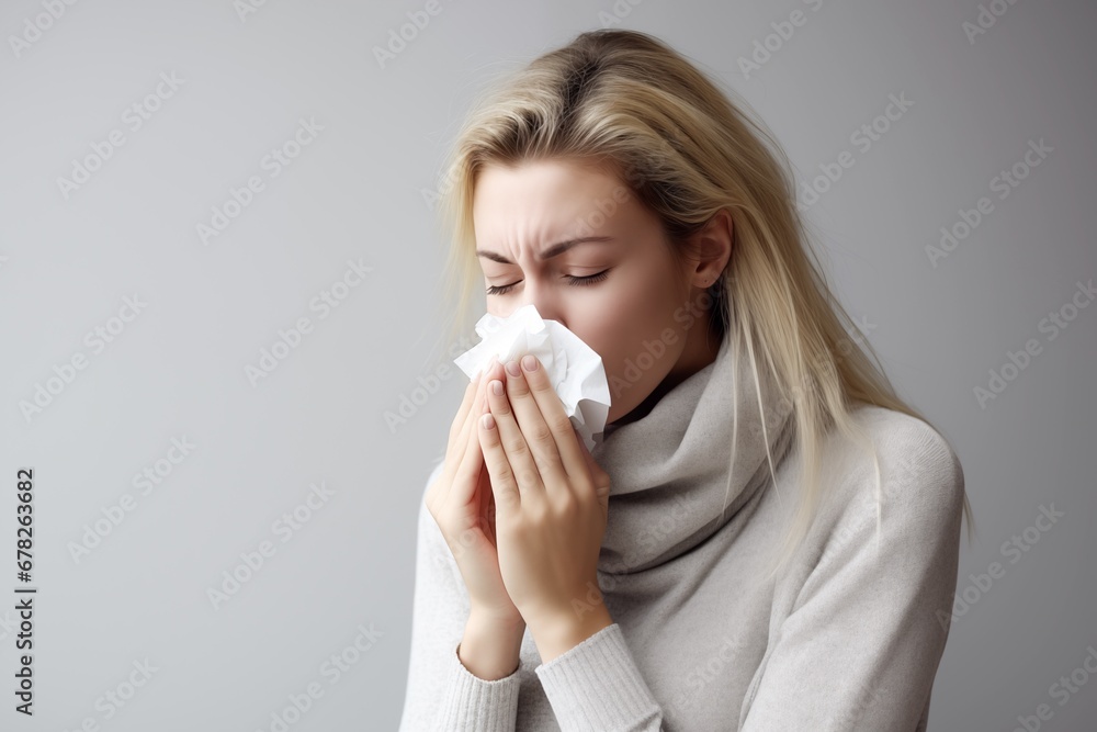 blond woman blowing nose with tissue isolated on a light grey background blond woman blowing nose with tissue isolated on a light grey background