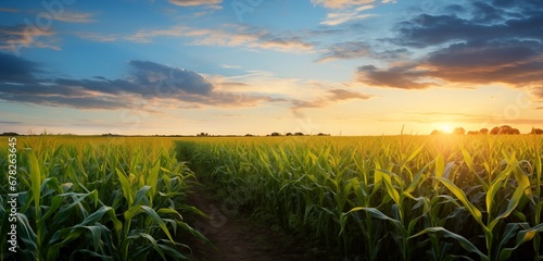 sunset beauty over corn field with blue sky and clouds landscape, agricultural background