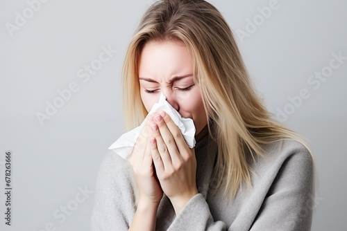 blond woman blowing nose with tissue isolated on a light grey background