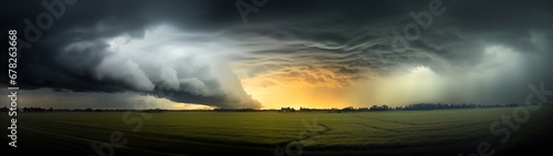 storm cloud over a field panorama during sunrise or sunset