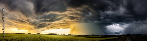 storm cloud over a field panorama during sunrise or sunset landscape