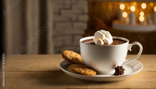 A cup of a hot chocolate with a marshmallow in white cup and cookies on the table in front; still life photography, soft focus image, natural light; copy space
