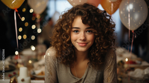 Beautiful young woman sitting at a festive table in a restaurant.